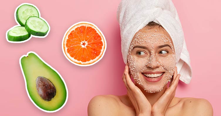 woman with face mask and vegetables