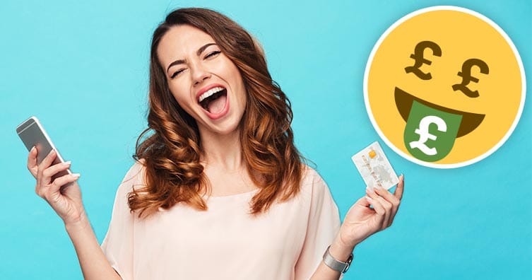 happy woman with phone and bank card with smiling money emoji