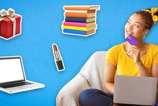 woman holding card with books, lipstick, laptop and a gift