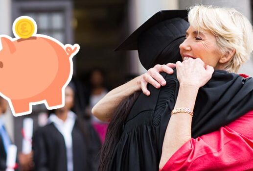 woman hugging daughter with piggy bank symbol