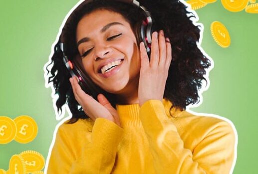 woman listening to music with pounds falling in background