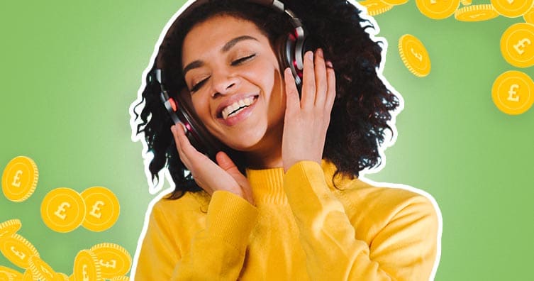 woman listening to music with pounds falling in background