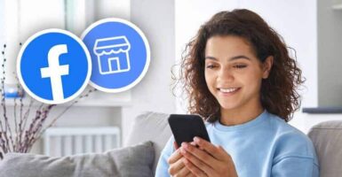 woman holding phone next to facebook marketplace logo