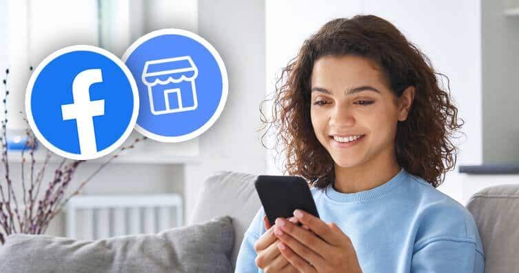 woman holding phone next to facebook marketplace logo