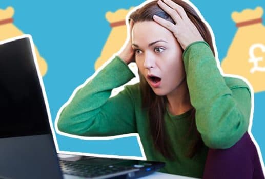 woman shocked on laptop with money bag emojis