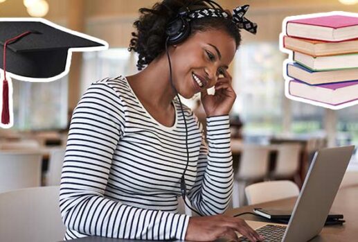 woman studying with graduate cap and books symbols