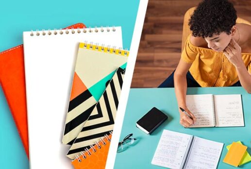 Colourful notebooks and woman at desk taking notes