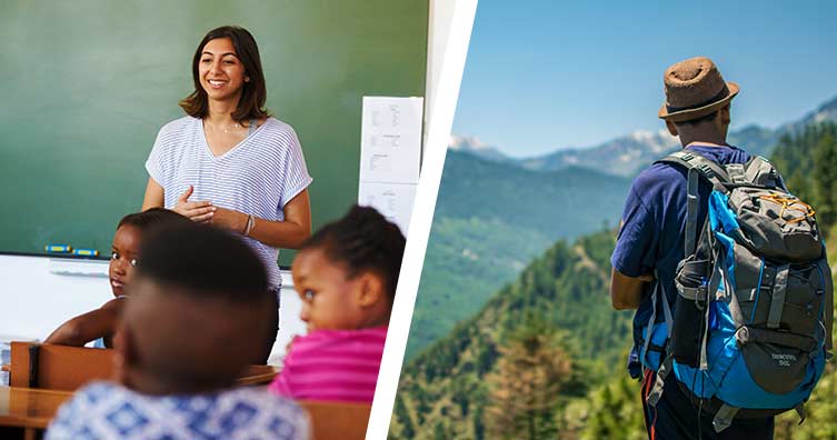 woman teaching in a school and man on mountain