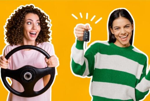 woman with steering wheel and woman with car keys