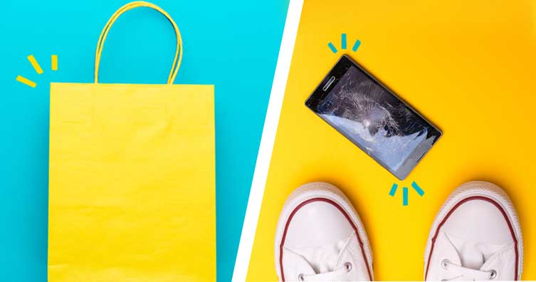 yellow shopping bag and broken phone by shoes